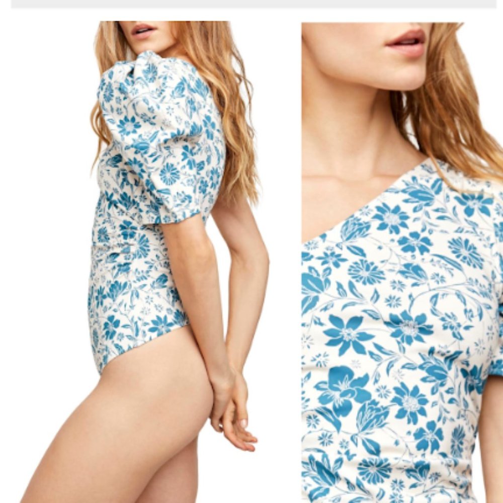 Free People Somethin Bout You Floral One Shoulder Puff Sleeve Bodysuit Size M
